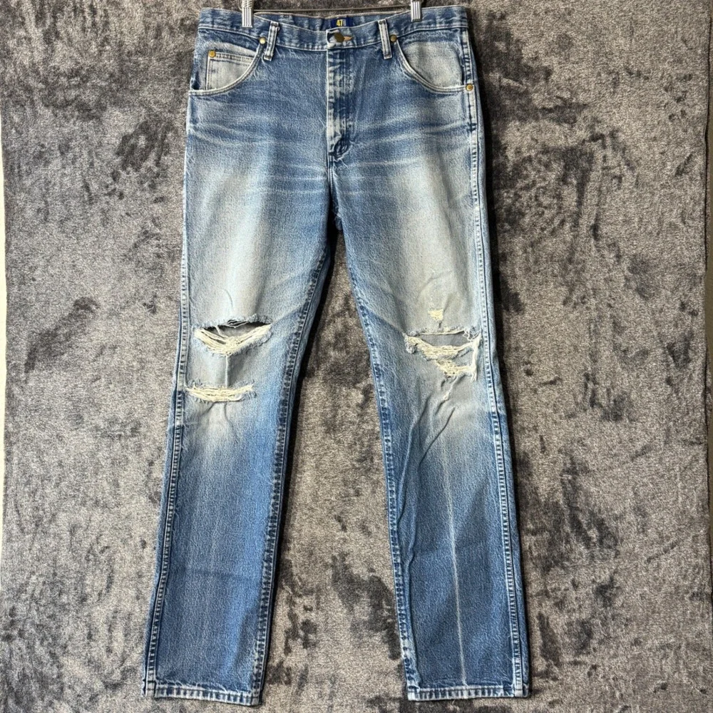VTG Wrangler 47MWZ Jeans Regular Fit Cowboy Cut Distressed Blue Mens 35x36